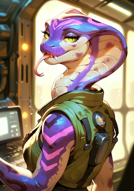 score_9, score_8_up, score_7_up, score_6_up, score_5_up, score_4_up,, female,purple scales, big half closed eyes, , glowing stripes,exoskeleton,cute  ,snake alien pilot, dirty skin,tongue,scifi,dirty clothes,  wearing futuristic vest and jumpsuit, cleavage ,cartoon, detailed,  , detailed, beautiful, soft lighting,vivid colors,soft lighting, dark spaceship corridor background, starfinder,small chest , working on computerterminal, indoor , sharp teeth, from behind, closed mouth ,  snake body, solo
<lora:EnvyBetterHiresFixXL01:1>,<lora:add-detail-xl:0.75>,<lora:extremely_detailed:0.75>,<lora:EnvyVividXL01:0.45>,<lora:ToraFurry_XL_PonyV6_p1-t1:0.9>