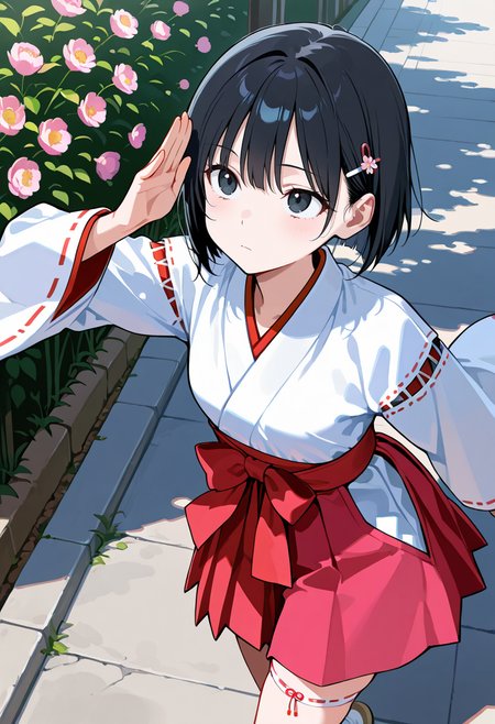 best quality, amazing quality cowboy shot, simple background,((outlined outlined vector graphics)),  beautiful scenery,  from above ,  looking up ,
1girl, 20yo, black hair, black eyes, short bob hair, hair pin,small breast, slender,(white thigh strap:1.1), cute face,
 pink clothes, pink skirt, expressionless ,  , miko , miko-cosplay   , ,  running ,  ,  action pose ,  , kawaii, flowers,  <lora:miko-cosplay-il-01:0.8>