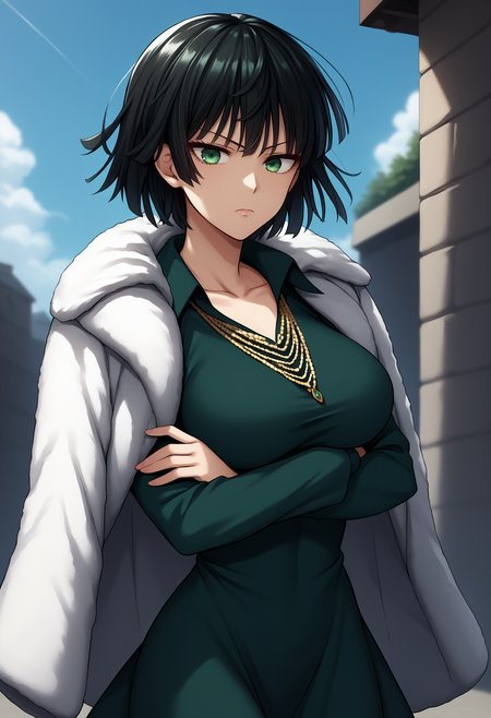 score_9, score_8_up, score_7_up, source_anime, BREAK <lora:EPopmFubukiPony-04:1> , 1girl, EPopmFubuki, black hair, short hair, green eyes,
 blue sky, coat, long sleeves, outdoors, collarbone, crossed arms, large breasts, day, necklace, jewelry, dress, fur coat, green dress, sky