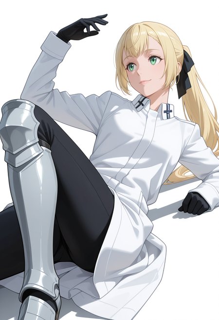 Smooth Quality,masterpiece,very intricate, high quality details, ultra realistic, high detailed skin,detailed enviorement,absurdres,
simple background, white background, 
dutch angle,reclining, one leg over other, arm on backrest, calm, composed,  ,happy,
 <lora:Rituscnn:0.8> rituscnn, 1girl, blonde hair, green eyes, long hair, ponytail,shirt, white shirt, coat,black gloves, hair ribbon,armored boots,