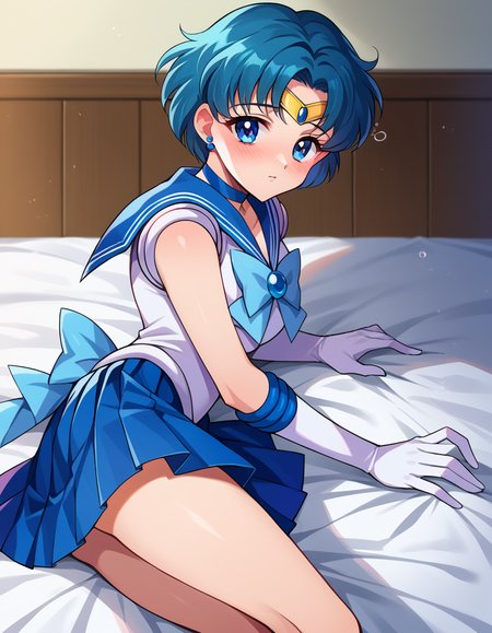 score_9, score_8_up, score_7_up, source_anime,
sailormercury, <lora:sailor-mercury-ponyxl-lora-nochekaiser:1>
sailor mercury, blue eyes, blue hair, short hair, parted bangs,
back bow, blue bow, blue choker, blue sailor collar, blue skirt, bow, choker, earrings, gloves, jewelry, magical girl, miniskirt, pleated skirt, sailor collar, sailor senshi uniform, skirt, stud earrings, tiara, sleeveless,
indoors, bed, bed room, on side, blush, drunk,
looking at viewer, cowboy shot, dutch angle,