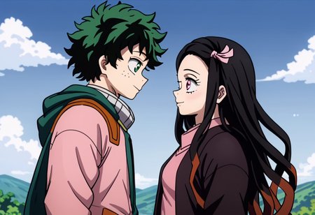Kamado_Nezuko and Midoriya Izuku, looking at each other, couple