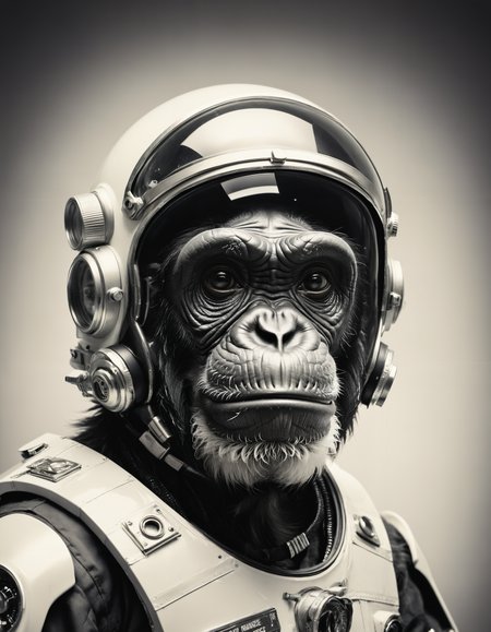a black and white vintage polaroid photo of an old chimpanzee wearing a futuristic astronaut glass helmet (hyper detailed, expressive,  award winning, high contrast, depth of field, highly dynamic, greyscale, intricate details, masterpiece, best quality:1.4), white and ivory hue, spaceship interior background,
<lora:add-detail-xl:0.5> <lora:xl_more_art-full_v1:0.5> <lora:looking_at_viewer:2>