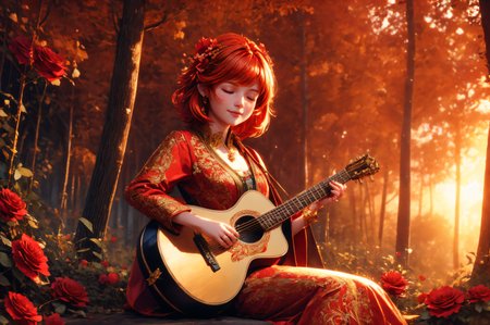 professional 3d model portrait, wide shot, cute magic_girl, ginger cut hair with red flowers, closed eyes, slightly smiling, wearing expensive ornamented outfit, sitting and playing on vintage_guitar in the magic forest, sunset, 8k, intricate details 
 <lora:quality1:1> <lora:FeyAndFairies:0.3> <lora:add_detail:1> <lora:rose_storm:0.8> . octane render, highly detailed, volumetric, dramatic lighting