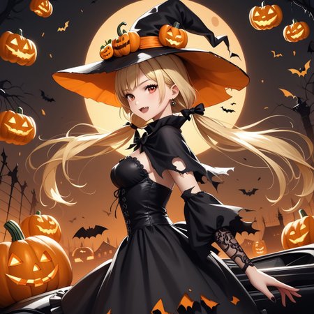 long twintails, blonde hair, pumpkin hat,medium breasts ,fang
gothic dress,torn cloak,
halloween, halloween costume,pose
Black car
looking back at viewer
score_9, score_8_up, score_7_up,  masterpiece, best quality, source_anime, source_hentai,  uncensored, detailed background,