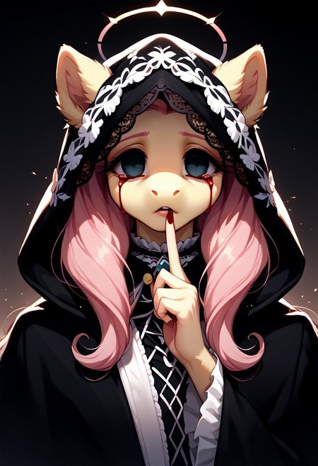 core_9, score_8_up, score_7_up, score_6_up, zPDXL3, (fluffy:1.2), (good_hands:1.4), (Fluttershy:1.3), (anthro:1.3), (pony:1.3), (wings:1.2), (black halo:1.2), GlowingHalo, (empty eyes:1.8), (bloody tears:1.4), close-up of face, (disheveled hair:1.2), Shuffling, (finger to mouth:1.2), (index finger raised:1.2), (character in dark monk's robes with intricate lace details, gothic design, flowing fabrics, heavy textures:1.9), (hood partially covering head, elaborate folds, deep shadows, intricate textures:2.0), (small nose:1.2), dark atmosphere, gothic, mysterious, cinematic lighting, (low-key lighting:1.3), (intricate details:1.3), (ultra-detailed face with balanced shadows and highlights:1.5), (smooth skin texture:1.2), (volumetric lighting:1.2), (subsurface scattering:1.2), (Unreal Engine 5:1.2), (sharp focus:1.3), (dynamic lighting:1.3), (micro-shadows:1.3), (dark tonal harmony:1.4), (subtle lighting gradients:1.3)