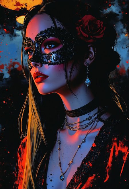 abstract photorealistic ink image in red, black and blue, oriental woman at a masquerade ball, long dark hair with blonde highlights, jewelled earrings, necklaces, sequinned robes, wearing an elaborate masquerade mask, directional lighting illuminating her from one side