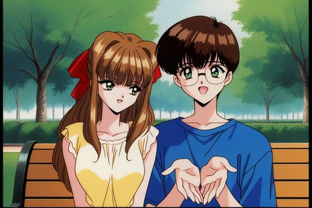 general,highres, ultra-detailed,very aesthetic,best quality ,best hands,  BREAK <lora:Imouto_SG_IS:1> Imouto_SG, brown hair, long hair, hair bow, green eyes, red bow, bangs, breasts,
 1girl, 1boy, glasses,  short hair, smile, retro artstyle, pillarboxed, open mouth, brother and sister, 
park, bench,