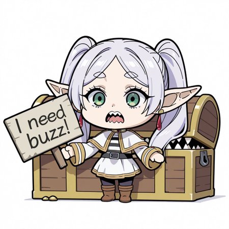 masterpiece, need_buzz, holding sign, sousou no frieren, frieren trapped inside a chest ,chibi,chibi style,  Frieren from Frieren: Beyond Journey’s End is frequently depicted  postrated in  getting caught inside a treasure chest, specifically a "mimic"—a monster disguised as a treasure chest., big teeth hungry chest, 
1girl, solo, white background, shirt, skirt, long sleeves, jewelry, pantyhose, pointy ears, parted bangs, green eyes, white hair, twintails, boots, full body, white skirt, earrings, striped shirt, sash, black pantyhose, capelet, white capelet, elf