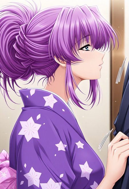 masterpiece, best quality, newest, highres, uncensored, 1girl, yokota mamoru style,motion lines,1girl,Mikado Shizuru,1girl, purple hair, long hair, Long hair, Sidehair, Spiky Bangs, Violet hair, Waist Length hair,Blue eyes, Hosome eyes,  large breasts,japanese clothes, kimono, blue eyes, profile, hair up, headdress, solo focus, blurry, solo, 1boy