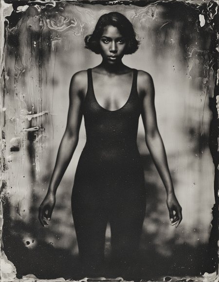 wetplatecollodion photo of woman wearing bodycon dress,
border, blurry, swirls, washed out, textured, smears