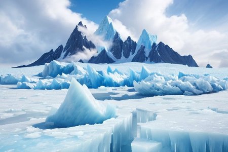 overlooking frosty mountain tops, icy glaciers, frost dripping clouds, on an exotic planet, ice is white and blue, cloud frost is white and blue, mountain dirt is red