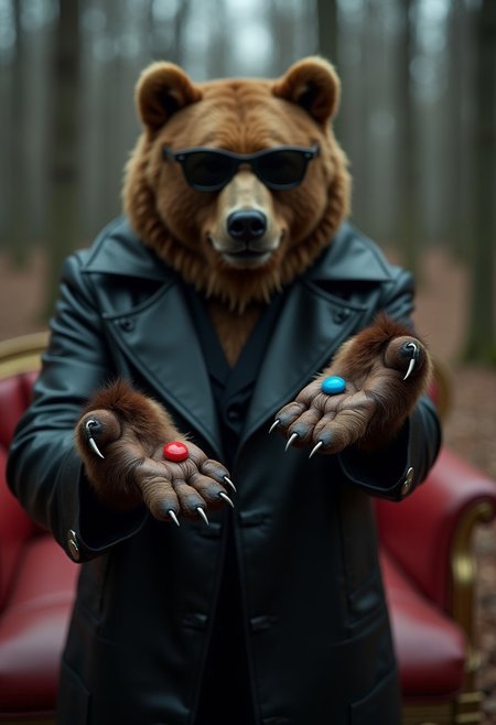 [(extremely Highly Detailed photograph), (outdoor photograph)] ((from behind and over the shoulder of a girl in tight black latex clothing), (A bear is seen wearing small snap-on sunglasses) (and a long black leather trenchcoat), (the bear is facing the viewer) (the bear is holding both of it's paws towards the viewer palm up), (in the palm of the left paw is a red pill), (in the palm of the right paw is a blue pill)),
(( the back of the girl in tight black latex clothing is seen very close to the viewer) (she is looking towards the bear))
[(photograph set in a bleak dystopian forest), ( a worn red leather classic arm chair is also seen in the background)]