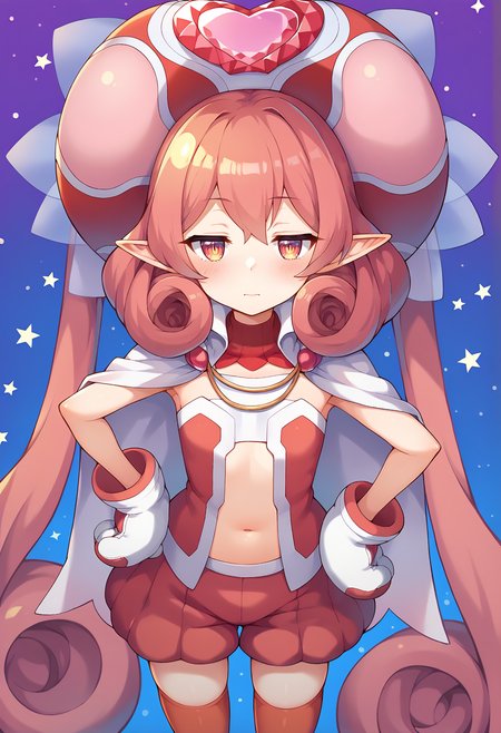 score_9, score_7_up, hd, (ultra hd quality details), source_anime, blue background, pink background, purple background, starry background, bloom, 
solo, 1girl, nenekapcr, pointy ears, very long hair, curly hair, twintails,
nnkdef, red hat, white cape, red shirt, strapless shirt, mittens, navel, puffy shorts, red shorts, red thighhighs,
looking at viewer, blush, half-closed eyes, closed mouth,
standing, from above, hand on hip,
<lora:_neneka_pcr-elesico-ponyr1:1>