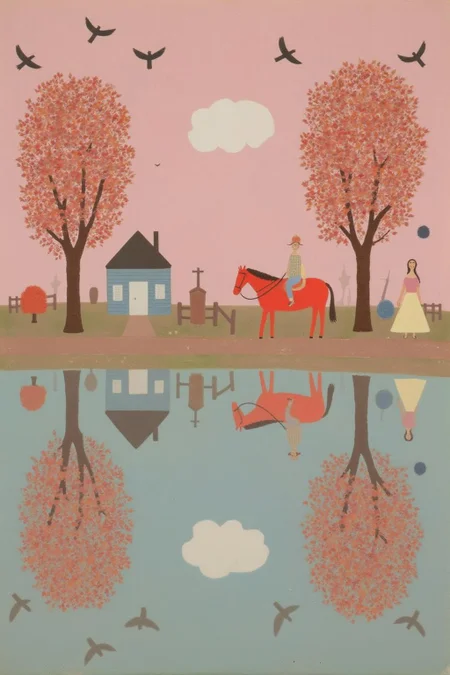 dorislee1 painting.
A pastoral scene with a soft, muted pink sky and a single white cloud in the center. Two trees with branches filled with red and orange leaves flank the scene.
There is a single white cloud in the sky and some birds.  
On the left there is a small house.  
On the right there is a red horse and a woman.  
On the bottom of the image is a body of water, showing the reflection of the trees, the house, the horse, the woman, the cloud and the birds.
 <lora:dorislee1_cap_d6a3:1.0><lora:834814949680357894:0>
