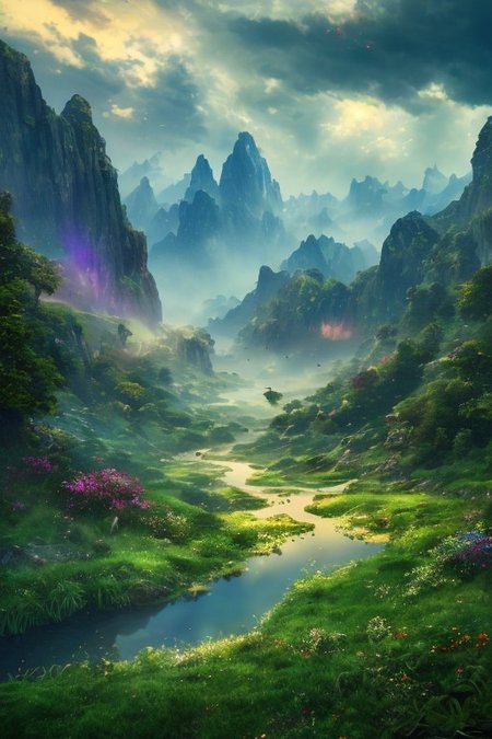 ((masterpiece)), ((best quality)), 8k, ultra-detailed, vibrant fantasy valley with a river winding into the distance, the camera positioned on top of a hill overlooking the majestic landscape, lush green fields, and rolling hills stretching as far as the eye can see. The scene is filled with vibrant, high-contrast colors, illuminated by magical lighting, with floating particles and glowing wisps of magic drifting through the air. Butterflies flutter around, and exotic birds with radiant feathers fly above, their wings catching the light. The river shimmers as it snakes through the valley, reflecting the vivid sky and glowing clouds. The atmosphere is mystical and enchanted, with ethereal light filtering through the mist. The environment feels alive with magic, glowing flora and sparkling air, exuding a sense of wonder and awe. Artistic composition, cinematic framing, breathtaking detail, and a serene, otherworldly fantasy world.
fantri, easynegative, OverallDetail