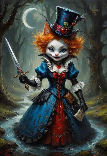 (((action pose, action position:1.5)))
oil painting style, 
Imagine Alice plunged into a dark, gothic version of Wonderland, where shadows twist and the air is heavy with menace. Alice wears a tattered blue dress, splattered with mud and blood, her once-bright innocence replaced by a hardened, determined look. Her blade—a vorpal dagger—gleams in her hand. The Mad Hatter is a deranged alchemist, his tea parties laced with sinister potions, while the Cheshire Cat is a spectral being with glowing, otherworldly eyes, its grin a terrifying crescent of sharp teeth. The Queen of Hearts is a cruel sorceress, her court a haunted ruin patrolled by skeletal knights. The landscape is a mix of twisted forests, crumbling castles, and blood-red rivers, steeped in a foreboding atmosphere where every step could lead to danger