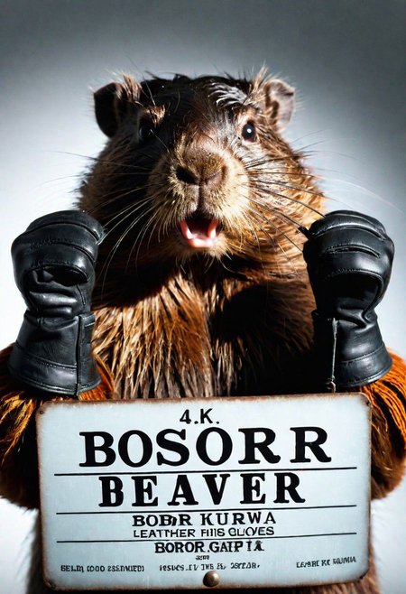 mugshot,close up, prisoner beaver holding mugshot sign with bold text "BOBR KURWA", leather gloves,cinematic light, perfect composition, reflections on surface, 4k leather texture, mugshot white background