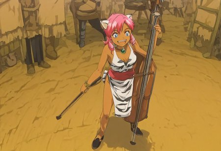 Pink_DragonPink, 1girl, sleeveless dress, white tiger print dress, pelvic curtain, cleavage, white tiger tail, red sash, small breasts, leather shoes, masterpiece, very aesthetic, smiling wide, showing teeth, <lora:pink-illustrious:1>, 
Break
1boy,Anime screencap,link (zelda),blonde hair,blue eyes,pointy ears, low ponytail, sidelocks, wearing blue hyilian tunic, happily smiling
Break
On a raised medieval stage, in front of a large crowd, pink_dragonpink playing contrabass, holding a bow, doublebass, instrument, bow_(music), Link plays an ocarina