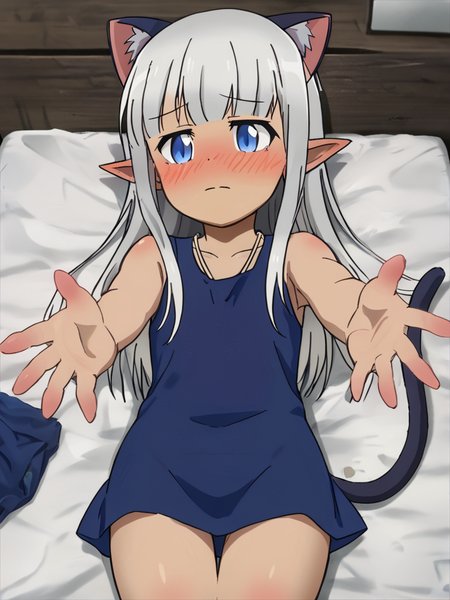karla,  elf,  solo, blue eyes, cat ear, tail, sleeveless blue dress, incoming hug, frontal view, on back, on bed, bedroom, indoors, closed mouth, blushing, ear blush, reaching out, thighs, 
 <lora:Karla_Dony_Hurt_Me_My_Healer__Kono_Healer_Mendokusai:1>