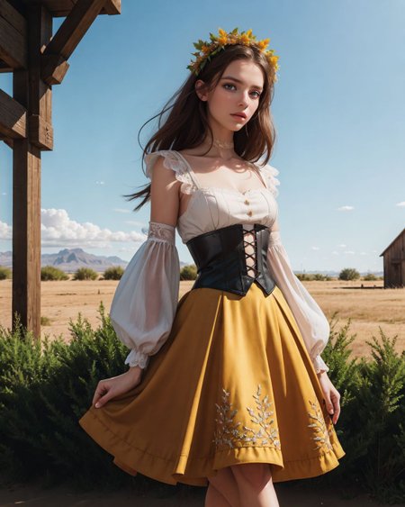 Autumn Harvest Haute Couture, (style of Tim Walker) corset top pumpkin orange pleated skirts patchwork leather vest embroidered leaf motifs styled with tall boots and floral crown rural barn setting bales of hay warm sunlight crisp autumn air ethereal posing ([: ZM_aisling :0.3]:0.9),  fcDetailPortrait epiCPhoto Style-DoF SkinDetail HairDetail Style-BlurFore