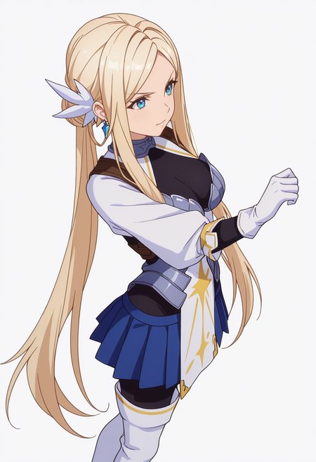 Smooth Quality,masterpiece,very intricate, high quality details, ultra realistic, high detailed skin,detailed enviorement,absurdres,
simple background, white background, dancing, solo,from above,
 <lora:Krishna_CNR:0.8> krishna_cnr, 1girl,blonde hair,very long hair,single hair bun, sidelocks, parted bangs, blue eyes, breasts,white hair ornament, earrings,armor, breastplate, armored dress, blue skirt, pleated skirt,white gloves, black pantyhose,white thigh boots,, v-shaped eyebrows,, \(^o^)/,