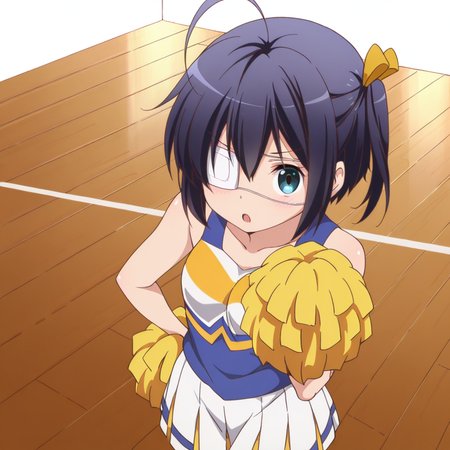 masterpiece, best quality, amazing quality, 1girl, solo, love_chunibyo_other_delusions_takanashi_rikka, standing, cheerleader, eyepatch, pom pom (cheerleading), one side up,  short hair, blue eyes, ahoge, black hair, :o, <lora:Takanashi_Rikka:0.7>