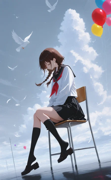 masterpiece, best quality, amazing quality, good quality, very awa, newest, highres, absurdres, 
1girl, solo, long hair, shirt, skirt, brown hair, black hair, long sleeves, closed mouth, sitting, twintails, school uniform, white shirt, closed eyes, braid, outdoors, pleated skirt, sky, socks, day, serafuku, cloud, black skirt, sailor collar, twin braids, neckerchief, kneehighs, low twintails, bird, animal, chair, black socks, cloudy sky, feathers, wind, red neckerchief, knees together feet apart, balloon, shoe dangle,
dutch angle, Vignetting, fuyumur4s4ki_illu
<lora:ponyv4_noob1_2_adamW-000017:0.40> <lora:XXX667:0.50> <lora:lpc_v10:0.40> <lora:fuyumur4s4ki_style:0.70>
