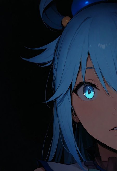 1girl,Aqua (KonoSuba), solo, dark, light, masterpiece, best quality, very aesthetic, close up,  parted lips
