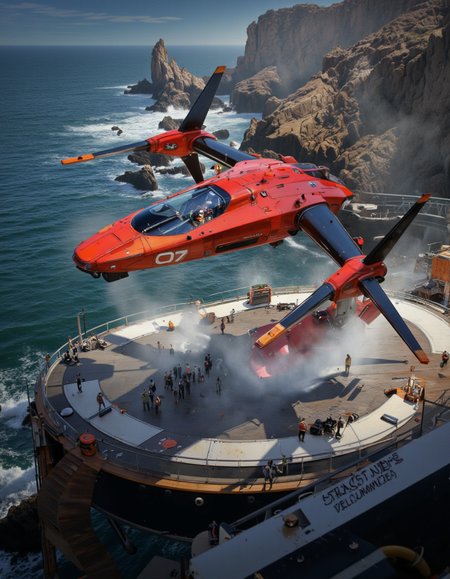 Art by Andrian Luchian. A futuristic, sci-fi concept art shoot from below about a large, red and black flying drone with a sleek design, positioned in the middle of a ship's deck near a rocky coastline during sunset. the drone has a sleek, angular design with a pointed nose and two large propellers on either side. the cockpit is visible, with the number "07" prominently displayed on the front. on the deck, a group of people can be seen walking towards the drone, adding a sense of movement and urgency to the scene. the background features rocky cliffs and waves crashing against the shore, creating a dramatic and dynamic atmosphere. the lighting is dramatic, with a mix of blue and orange hues, and the overall mood is one of adventure and excitement.