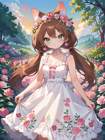 score_9, score_8_up, score_7_up,source_anime,
1girl, solo, cowboy shot, looking at viewer, aaeli, long hair, brown hair, low twintails, green eyes, small breasts, animal ears, floral crown, sundress, frills, lace trim, bare shoulders, intricate embroidery on dress, shiny skin, floral choker, floral earrings, outdoors, pink roses, pink rose garden, sunset, randomly distributed clouds, detailed background, extremely detailed, perfect anatomy, beautiful face, beautiful eyes
 <lora:ozureiji:0.8>