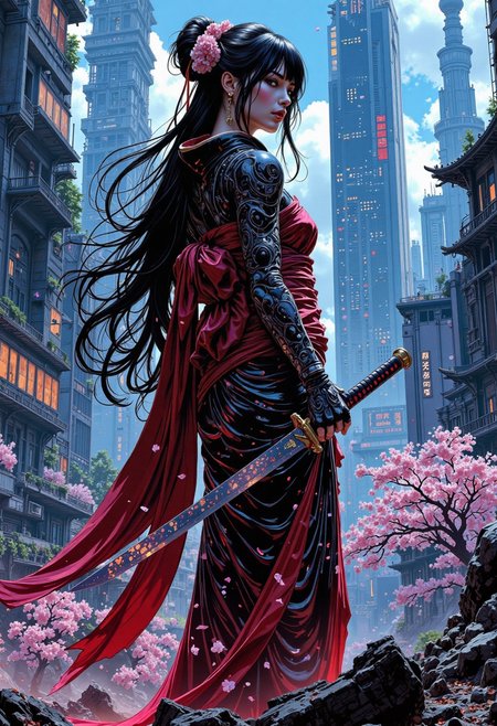  　comic book style,A beautiful geisha with flowing raven hair, interwoven with glowing neon tracers, stands amidst the ravaged remains of a futuristic Kyoto. Her elaborate kimono, torn and scorched, reveals glimpses of intricate cybernetic enhancements beneath.  Holographic cherry blossoms flicker and die around her, their light casting a melancholic glow on the scene.  She clutches a broken katana, its digitized blade shattered, reflecting the destruction surrounding her. Decaying cyberpunk skyscrapers loom over the ruins of traditional Japanese architecture, a stark contrast between a lost past and a dystopian future. Her expression is one of stoic sorrow and quiet defiance.