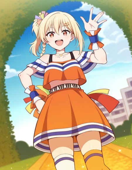 score_9, score_8_up, score_7_up, source_anime, <lora:ai-miyashita-saikou-heart-mv-ponyxl-lora-nochekaiser_r1:1>, ai miyashita, bangs, blonde hair, hair ornament, orange eyes, braid, sidelocks, medium hair, side ponytail, orange eyes, french braid,, skirt, thighhighs, jewelry, collarbone, necklace, off shoulder, tank top, wristband, cheerleader, pom pom (cheerleading), orange skirt, gyaru, heart necklace, floating island, sky, clouds, greenery, magical, , from below, looking at viewer, solo,, dutch angle, cowboy shot