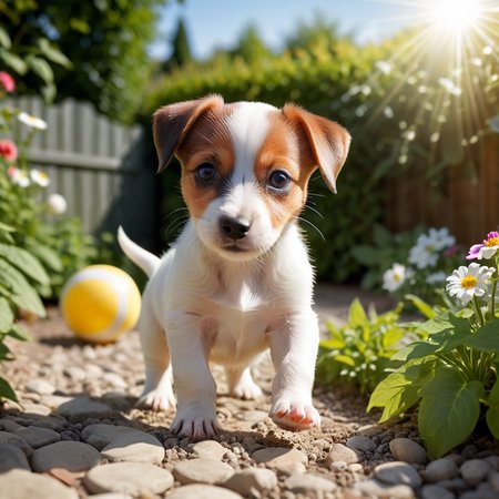 a tiny jack russell puppy playing with a ball in the garden, midday, summer, volumetric light,  <lora:add-detail-xl:3>