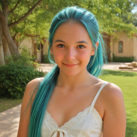 ftv style, score_9, 1girl, sunny, very long hair, upper body, blouse, gentle smile, outside, aqua hair, ponytail