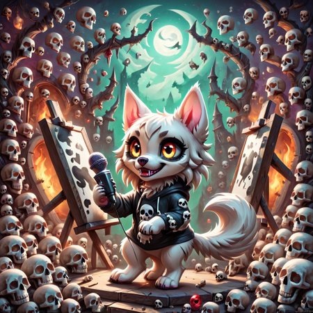 dog girl dressed in an elaborate collection of skulls covering her in a majestic way holding microphone, music studio, painting of cute skulls, pg safe