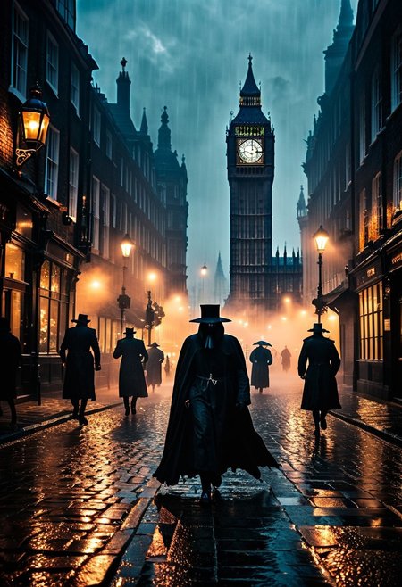 the horrors of the night, scary, demon, whispers in the night, midnight, fog, rain, plague doctor, london, cobblestone street, big ben in the background, people running in fear