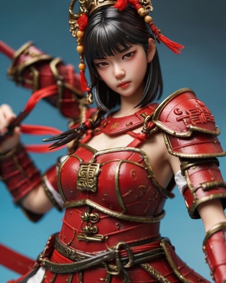 resin material style, 1girl, close up, Ancient armor, traditional Chinese red armor, battle-ready pose, dynamic composition, high level of detail, <lora:è¶ä½¬V1:0.7>