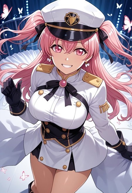 score_9, score_8_up, score_7_up, source_anime,mogudan,masterpiece,best quality, good figure and proportion, good anatomy,amazing quality,very aesthetic,1girl,alone,smile,open moutch,teeth,shiny_clothes,shiny_skin,perfect hands,alone five fingers,large breast,HiromachiNanami,long hair,hair between eyes, two side up, cat hair ornament,pink hair, pink eyes,from above,looking at vietwer,angle up, gloves, long sleeves, hat, ribbon, hands on behind, jewelry, :d, earrings, black gloves, black ribbon, neck ribbon, white headwear, bug, butterfly, half gloves,bare legs,short boots,stage background with lots of party lights