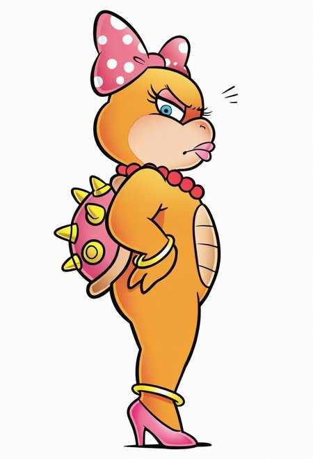 1girl, solo, female focus, 
no humans, furry female, 
full body, side view, 
koopa, 
wendy o. koopa, 
blue eyes, pink lips, eyelashes, hoop bracelets, high heels, hair bow, 
looking at viewer, annoyed, hands on hips, 
simple background, white background