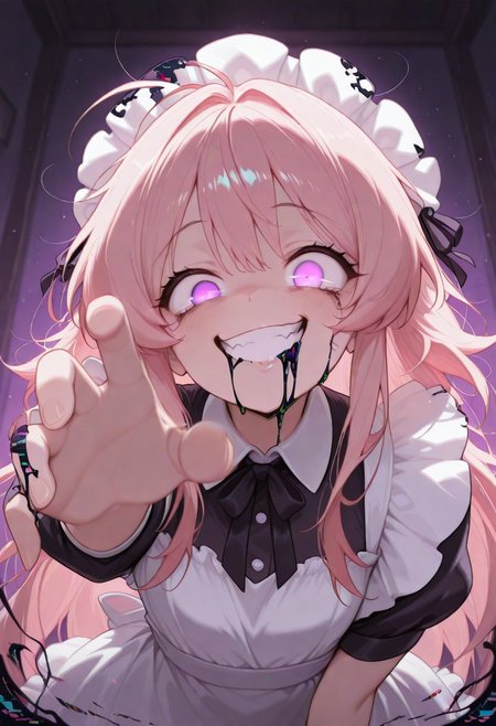 (masterwork, masterpiece, best quality, hyper-detailed, 8k uhd:1.4) , anime screencap,<lora:CivChan:1> civchan, 1girl, solo,  grin, purple eyes, pink hair,
BREAK;
Pibby corruption, glitch, drooling, white sclera, no eyes, no pupils, black goo, digital dissolve, distortion,purple theme, wide eye, glowing eye, messy hair, twisted smile, teeth clenched, hand reaching viewer,   teeth, digital, pixels, torn clothes, insane, code, dissolving, particles, <lora:PC-98_Style_Illustrious:1> pc98, || pixel art, 
BREAK;
happy, sweet,