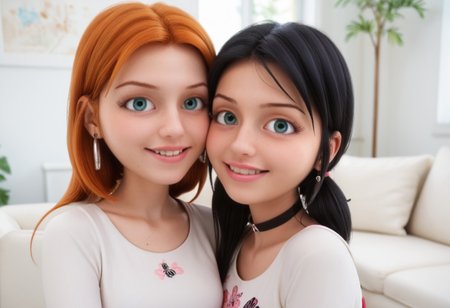 score_9, score_8_up, score_7_up, score_6_up, 
2girls, sitting together, on a couch, (leaning against each other, head on shoulder, cheek to cheek:1.4),
1girl, Sabrina Raincomprix, long hair, orange hair, green eyes, fair skin, earrings, white blouse, choker, 
1girl, Marinette Dupain-Cheng, long hair, bright bluebell eyes, black hair, twin tails, earrings, red blouse, choker, 
perfect eyes, real skin, amateur, photo, solo, perfect face, perfect eyes, sexy, beautiful eyes, petite body, 
masterpiece, best quality, amazing quality, 
heavy blush, thick dark eyelashes, tiny body,
(skinny girl), on a couch, family home, living room, wall pictures, plants,
blurry background, lot of people in background, shy expression, depth of field, volumetric lighting, biting lips, vibrant colors, intricate details, 
smiling, teeth, arms crossed, close up on face, real skin,