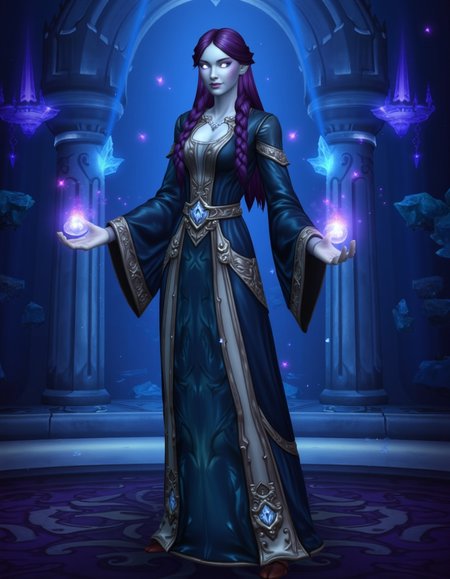 WOW_Character_Style, This image is a digital drawing of a World of Warcraft character depicting a regal nightborne sorceress. The sorceress is a tall, graceful woman with pale blue skin and glowing silver eyes. Her hair is a deep violet, styled in intricate braids, and she wears a luxurious robe made of shimmering dark blue fabric, lined with silver filigree. Her hands are raised, summoning orbs of arcane energy that float around her. The background is an opulent palace, with grand columns, floating crystals, and enchanted chandeliers casting a soft, magical glow. The lighting is a cool blue, with arcs of arcane energy illuminating the air around her. The colors are primarily dark blues, purples, and silvers, with the nightborne’s pale skin and magical orbs adding a bright contrast. The overall mood is one of elegance and immense magical power, with a sense of regal authority and ancient wisdom.