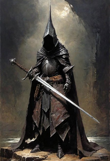 videogame art of (((Abyss Watchers)))
wearing (ragged, brigand, holding a giant metal sword,  leather tunic, metal plates and cloth, pointy shaped helmet, sewn together), gothic, legion,  by Jean-Baptiste Monge and Nicola Samori, Nazgul from lord of the rings