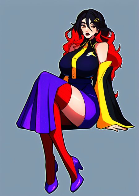 1girl, drifblim, huge breast, bare shoulders, black hair, black shirt, breasts, brown eyes, collared shirt, detached sleeves, dress shirt, foreshortening, hair between eyes, hair ornament, hairclip, long hair, long sleeves, mary janes, multicolored hair, personification, pokedex number, purple footwear, purple skirt, red hair, red thighhighs, ribbed legwear, shirt, shoes, sitting, skirt, sleeveless, sleeveless shirt, sleeves past fingers, sleeves past wrists, solo, thighhighs, two-tone hair, wide sleeves, yellow sleeves, zPDXL3<lora:Breast Slider - Pony_alpha1.0_rank4_noxattn_last:3> <lora:HandFixer_pdxl_Incrs_v1:1>   <lora:Yttrium:1>