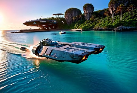 photograph, smooth, sleek (WipEout anti-gravity craft), (split-front:1.3), landing in the waters of a lagoon, tropical island, blue sky, sunset, sharp, high detailed, realistic, , scifi, futuristic, science fiction, sharp focus, masterpiece, best quality