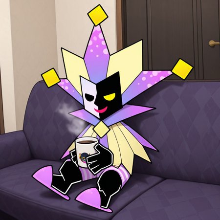2d, 1boy, solo, Dimentio, male, jester, purple and yellow hat, jester hat, purple and yellow cloak, multicolored hat, multicolored cape, split color face, white face, black face, heterochromia, no pupils, black eye, yellow eye, black body, chubby, striped boxers
BREAK sitting on sofa, holding coffee, chill, relaxed, pink slippers, indoors
BREAK best quality, amazing quality, very aesthetic, absurdres, newest, masterpiece, high quality