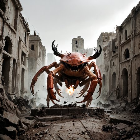 score_9, score_8_up, score_7_up, score_6_up, score_5_up, score_4_up, rating_safe,source_photo,realistic,cinematic,a giant enemy crab rampaging in the ruins of a burning city, <lora:Ponyrealv3:1>