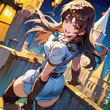 <lora:pony_xl_ki:0.8>,ki,score_9,score_8_up,score_7_up,source_anime,1girl,solo,looking at viewer,short dress,short sleeves,brown gloves,elbow gloves,fingerless gloves,belt,thigh boots,brown thighhighs,blue necklace,smile,:d,open mouth,architecture,blurry background,blurry foreground,building,castle,city,city lights,cityscape,depth of field,rooftop,tower,