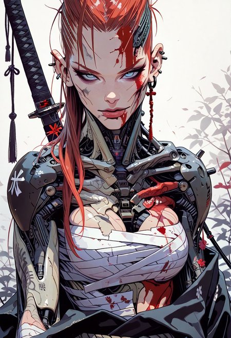 masterpiece, best quality,high quality, newest, highres,absurdres, 1girl, solo, close up, red hair, solo, katana, long hair, blood, blue eyes, breasts, sarashi, looking at viewer, earrings, bandages, piercing, ear piercing, jewelry, blood on face, (yellow bangs:1), mechanical parts,